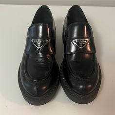 Prada Spazzolato Logo Platform Leather Loafers Size 38 Amazing Condition Worn Only 3x Comes With Dust Bag Shoes Prada, Prada Shoes, Leather Loafers, Flat Shoes Women, Loafer Flats, Prada, Dust Bag, Loafers, Women Shoes