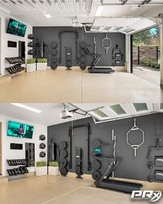 elegant home gym inside of a garage using a space saving squat rack, bench and other gym accessories Home Gym Shared Space, Gym Equipment Storage Loft, Custom Gym Storage, Small Gym Design, Workout Corner, Fitness Design Gym, Mini Gym At Home Ideas, Small Home Gyms, Home Gym Set