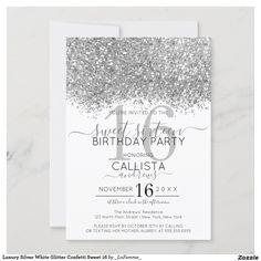 silver glitter birthday party card with the number sixteen on it's front and back