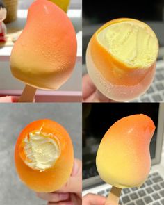 an orange lollypop is being held up to show how it's peeled