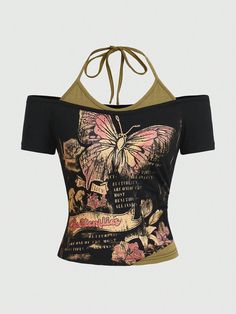 Negro Casual Collar manga corta Tela tejida Animal,Letras,Plantas,Frase,Mariposa  Embellished Estiramiento medio Cute Tops Plus Size, 200s Shirts, Butterfly Halter Top, Yk2 Shirts, Earthy Tops, Polyvore Tops, Ladybug Shirt, Western Butterfly, Butterfly Things