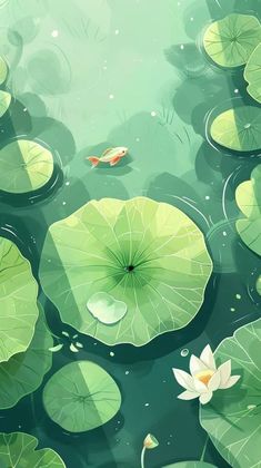 a painting of lily pads and fish in the water