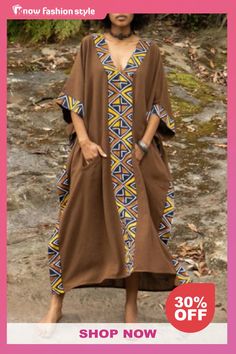 Casual Boho Geometry Print V Neck Batwing Sleeve Long Loose Vacation Maxi Dresses Casual Patchwork Maxi Dress For Vacation, Brown Patchwork V-neck Dress, Long Sleeve Geometric Pattern Dress For Vacation, Long Sleeve Dress With Geometric Pattern For Vacation, Brown Casual Free Size Dress, Casual Brown Free Size Dress, Casual Maxi Dress With Geometric Pattern For Beach, Geometric Pattern V-neck Maxi Dress For Beach, Brown Patchwork Beach Dress