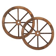 two wooden wheels are shown against a white background