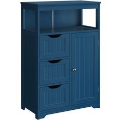 a blue cabinet with three drawers on the front and one door open to reveal a shelf