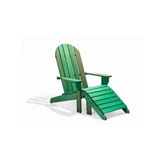 a green plastic lawn chair with a foot rest on the bottom and one leg up