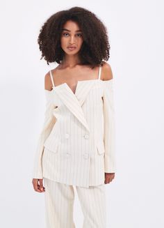 Off The Shoulder Pinstripe Blazer Chic Striped Double-breasted Blazer, Striped Blazer With Buttons, Chic Spring Blazer With Vertical Stripes, Chic Striped Summer Blazer, Spring Pinstripe Blazer, Summer Striped Long Sleeve Blazer, Off Shoulder Jacket, Pinstripe Blazer, Shoulder Design