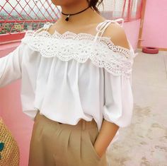 Retro Lace Cold Shoulder Blouse Open Shoulder Blouse, Korean Fashion Summer, Black White Yellow, Cold Shoulder Blouse, Striped Long Sleeve Shirt, Blouse Outfit, Summer Fashion Outfits, Off Shoulder Blouse