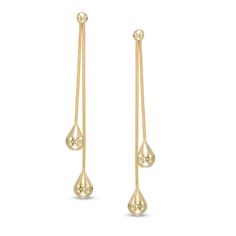 She'll adore the way these fashion drop earrings catch and reflect light with every turn. Crafted in rich 14K gold, each earring features a double strand that originates from a ball post setting and ends with a duo of shining teardrop-shaped dangles. Polished to a bright shine, these earrings secure comfortably with friction backs. Elegant Yellow Gold Drop With Polished Finish, Gold Drop Linear Earrings For Evening, Gold Linear Drop Earrings For Evening, Modern Long Drop Yellow Gold Earrings, Luxury Gold Teardrop Linear Earrings, Elegant Yellow Gold Drop Earrings, Formal Yellow Gold Dangle Earrings, Gold Drop Linear Earrings Fine Jewelry, Modern Yellow Gold Drop Linear Earrings