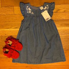 Cute Soft Denim Dress With Red Booties. H&m Denim Dresses For Spring, H&m Spring Denim Dress, Summer Casual Denim Dress For Playtime, Casual Summer Denim Dress For Playtime, Jersey Dress Girl, Watermelon Dress, Pink Tulle Dress, Girls Tulle Dress, Corduroy Overall Dress