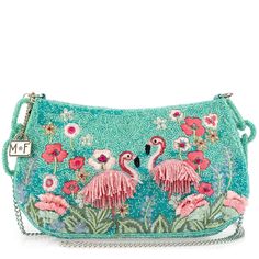 Step into a tropical paradise with this flamboyant flamingo crossbody handbag, Where shimmering turquoise beadwork meets a flock of playful pink fringe. Surrounded by a flourish of embroidered flowers. This beautiful handbag has a roomy interior to accommodate all your essentials. Mary Frances Handbags, Cactus Rose, Mary Frances, Beautiful Handbags, Pretty Bags, Beaded Bags, Tropical Paradise, Metallic Logo, Embroidered Flowers