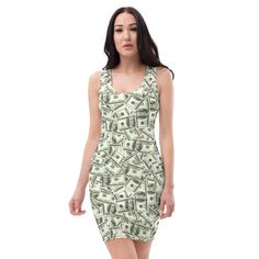 Make a statement and look fabulous in this all-over printed, fitted dress.  * 82% polyester, 18% spandex * Fabric weight: 6.78 oz/yd² (230 g/m weight may vary by 5% * Made with smooth, comfortable microfiber yarn * Material has a four-way stretch * Blank product components sourced from China This product is made especially for you as soon as you place an order, which is why it takes us a bit longer to deliver it to you. Making products on demand instead of in bulk helps reduce overproduction, so thank you for making thoughtful purchasing decisions! 100 Dollar Bill, Dollar Bills, 100 Dollar, Dollar Bill, Money Maker, Dress Clothes For Women, Spandex Fabric, Fitted Dress, Fabric Weights