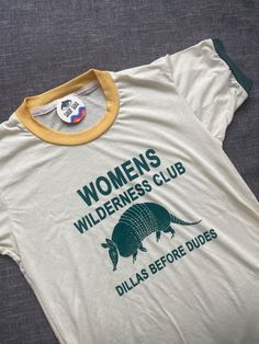 Women's Wilderness Club Retro Ringer T-shirt, Dillas, Western, Southwest Tshirt, Armadillo Shirt, Funny Graphic Tee, Hiking Shirt - Etsy Boho Yoga Pants, Fringe Pants, Silly Shirt, Festival Pants, Hiking Shirt, Cream Body, Hiking Shirts, Funny Graphic Tees, One Shot