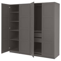 an open gray cabinet with shelves on both sides and doors to the other side that are closed