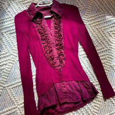 Never Worn Before : A Beautiful Deep Burgundy Blouse With Button Down Detailing And Lace & Frills. All The Layering Is Sewn-In So No Constant Adjusting While You’re Wearing It! Marked L, But Runs More Like M. Burgundy Blouse, Deep Burgundy, No Frills, Lace Detail, Layering, Blouses, Womens Tops, Womens Sizes, Lace