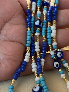 Handmade Heishi Beads Waist Beads For Beach, Spiritual Adjustable Evil Eye Bracelet With Colorful Beads, Evil Eye Waist Beads, Festival Beaded Evil Eye Bracelet, Handmade Blue Waist Beads As Gift, Handmade Blue Waist Beads Gift, Spiritual Handmade Waist Beads For Beach, Handmade Spiritual Waist Beads For Beach, Waistbead Ideas