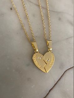 "Gold-plated or silver-plated heart in two halves with a crystal star and \"Soulmate\" engaged. The half heart measures 2 cm. Hung on a gold-plated or silver-plated bail and chain measuring 18 inches. This is for two necklaces with two half hearts. Perfect gift for your soulmate best friend. INTERNATIONAL BUYERS please choose the tracking option if you would like your order to be tracked. FREE tracking upgrade with 3 items or more purchased. JEWELLERY CARE please don't wear plated jewellery in t Connecting Heart Necklaces, Matching Heart Necklaces, Best Friend Necklaces For 2, Soulmate Best Friend, Half Heart Necklace, Best Friend Soul Mate, Half Heart, Dainty Initial Necklace, Two Necklaces