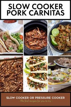 Pinterest Image of Slow Cooker Pork Carnitas showing six pork carnitas recipes in various serving dishes with different backgrounds." Slow Cooker Pork Carnitas, Cooking Pork, Pork Carnitas Slow Cooker, Pork Carnitas, How To Cook Pork, Slow Cooker Dinner, Low Carb Tortillas