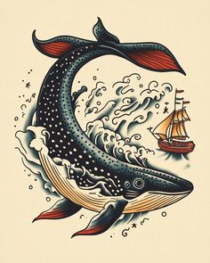 a drawing of a whale with a boat in the water and waves coming out of it