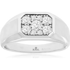 Royal 14K White Gold Men's Ring with Rectangular Cluster of Round Diamonds - 0.63 Carat Total Diamond Weight Mens White Gold Rings, Jewelry Appraisal, Men Diamond Ring, Refined Style, Diamond Education, Ring Pendant Necklace, Royal Jewelry, White Gold Band, Womens Wedding Bands