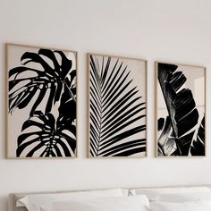 three black and white paintings on the wall above a bed