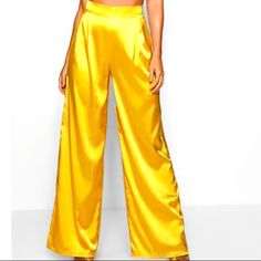 Yellow Satin Pants Wide Leg Side Zip. Satin Straight Pants With Pockets, Wide Leg Satin Pants With Pockets, Straight Satin Pants With Pockets, High-waisted Satin Pants, Yellow High-waist Pants For Party, Satin Trousers With Pockets, Spring Satin Pants With Pockets, Satin Long Pants With Pockets, Yellow Wide Leg Party Pants