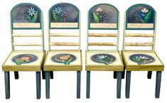 Sticks Chair Set – Beautiful blue and whitewash floral and botanical designed chairs with inspirational words on each back front view Sticks Furniture, Hot Plates, Des Moines Iowa, Matching Chairs, Des Moines, Trivets, Hot Pads, Cleaning Solutions, Round Dining