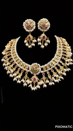 ) necklace set made using fresh water pearls with cz polki 22 cut gold plated Bollywood Kundan Necklaces With Pearl Drop, Temple Style Kundan Necklace With Pearl Drop, Kundan Necklace With Pearl Drop In Temple Jewelry Style, Kundan Temple Jewelry Necklace With Pearl Drop, Gold Pearl Necklace With Stone Work, Gold Pearl Necklaces With Stone Work, Temple Style Pearl Necklaces With Stone Work, Bollywood Kundan Necklace With Pearl Drop, Temple Jewelry Pearl Necklace With Stone Work