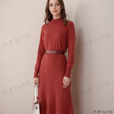 Luxury Cashmere High Neck Loose Sweater with Umbrella Skirt and Knee-Length Knitted Dress Classic Long Fall Dresses, Classic Long Dresses For Fall, Red Ribbed Sweater Dress For Fall, Elegant Red Sweater Dress For Fall, Ribbed Red Winter Dress, Red Ribbed Winter Dress, Red Ribbed Sweater Dress For Winter, Ribbed Red Dress For Winter, Classic Ribbed Winter Dresses