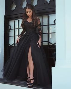 Sexy Black Prom Dresses Long Sleeves Side Slit Puffy Evening Gowns, 593 sold by Loveprom on Storenvy Evening Dress Long, Prom Dresses 2019, Long Sleeve Prom, Lace Prom Dress, Black Dress Formal, Black Prom, Black Evening Dresses, Lace Evening Dresses, Applique Dress