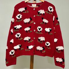 Vintage 90s Talbots Hand Knit Red Sheep Button Up Knit Knitted Cardigan Sweater. White And Black Sheep With Grass All Over Print. Hand Made. Iridescent Shell Like Buttons. Some Of The Buttons Are Chipped. Some Of The Sheep Have Small Stains, And They’re All Slightly Pink. 45% Cotton, 43% Linen, 12% Ramie. Size Medium. Measurements Armpit To Armpit: 21.5” Length: 23” Also Available In A Size Small No Trades Grunge Cottage Whimsical Whimsygoth Preppy Indie Streetwear Sheep Sweater Outfit, Red Vintage Knit Cardigan, Vintage Red Knit Cardigan, Ladybug Sweater, Fruit Sweater, Cottage Whimsical, Womens Cardigans, Thrift Manifestation, Red Sheep