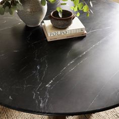 a black table with a book and potted plant on top