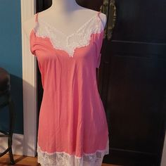 Size M; Brand New; 100% Nylon; Pink Stretch Sleepwear With Spaghetti Straps For Spring, Spring Vacation Sleepwear With Built-in Bra, Summer Lace Stretch Sleepwear, Summer Stretch Lace Sleepwear, Spring Stretch Camisole For Sleep, Stretch Camisole For Sleep In Spring, Fitted Lace Trim Sleepwear For Vacation, Casual Lace Summer Sleepwear, Casual Lace Sleepwear For Spring