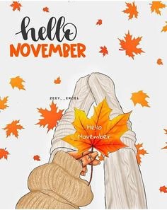 a hand holding an orange leaf with the words hello november written on it