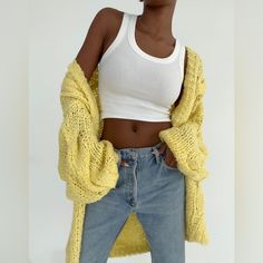 New With Tags! Size: M/L Hand Knit Open Cardigan Exaggerated Sleeves Open Knit Cardigan For Loungewear, Oversized Knitted Sweater Vest, Casual Open Knit Cardigan For Daywear, Trendy Knitted Cardigan For Loungewear, Open Knit Sweater For Daywear, Yellow Knit Cardigan For Layering, Casual Yellow Knit Cardigan, Trendy Knit Cardigan For Daywear, Winter Open Knit Sweater Vest