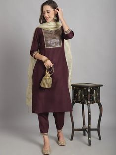 Burgandy Viscose Yoke Detailing Suit Set with Chanderi Cotton Dupatta Suit With Dupatta, Formal Jewelry, Palazzo Suit, Cotton Dupatta, Churidar, Suit Set, Fabric Shop, Formal Wedding, Casual Party