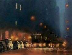 an oil painting of cars parked on the side of a road in the rain at night