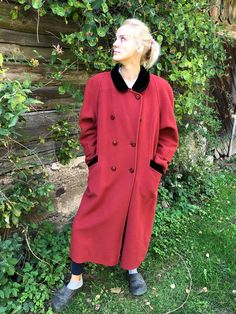 "Wool Midi Coat Classic Mod 70s Coat Urban Warm Winter Coat Raspberry Red Topcoat Vintage Overcoat Opera Coat Large Size **Sholder pads **Coat has small defects on the right shoulder and on the left hand Label size: D 42 Estimated size: L Measurments: (lyin flat) Length - 49\" / 124 cm Sleeve - 23,5\" / 60 cm Shoulders - 20,5\" / 52 cm Bust - 24,5 \" / 62 cm Waist - 25 \" / 63 cm Models size: height: 6 \"/ 182 cm Bust: 37.7\" / 96 cm Waist: 29.1\" / 74 cm Hips: 32.2 / 82 cm Please check measurem Vintage Overcoat, 70s Coat, Leather Coat With Fur, Red Overcoat, Trench Coats Women Long, Brown Leather Coat, Opera Coat, Coat Classic, Embroidered Coat