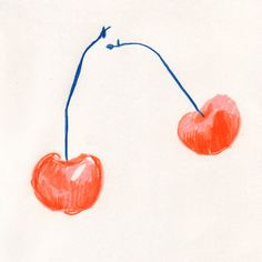 two cherries with the word cherry written on them in red and blue ink, against a white background