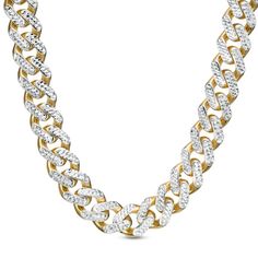 This 11.3mm-wide diamond-cut curb chain necklace fashioned in 14K two-toned gold measures 24.0 inches in length and secures with a box clasp. Gold Link Chain Necklace With Diamond Accents, White Diamond Cuban Link Necklace, White Diamond Jewelry With Curb Chain, Luxury Jewelry With Cuban Link Cable Chain, Diamond Cuban Link Necklace In White Gold, Diamond White Curb Chain Jewelry For Anniversary, Diamond Curb Chain Necklace For Anniversary, Diamond Figaro Chain Necklaces, Diamond Figaro Chain Link Necklace