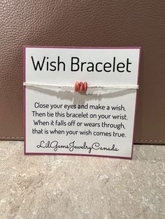 #wishbracelets #friendshipbracelet These are WISH Bracelets.  These are fun bracelets to buy for your self or to give to a friend. Make a wish when you put it on and when it falls off your wish may come true!  Isn't that fun?! Basics: - made with crochet thread - slip knots to adjust size - cute card with poem with each bracelet - free shipping in Canada  - items leaving Canada may take up your 6-8 weeks delivery time.  - message me with any questions - other beaded options available upon request.  Link to Pinterest boards: https://pin.it/bbpOfI7 Link to my other shop that still has my jewelry that hasn't been moved over yet: https://etsy.me/2To5Mkx If you like this item, you may also like these: 1) Excited to share this item from my #etsy shop: Beaded Daisy Chain Choker Necklace https://e Meaningful White Friendship Bracelets As Gift, Meaningful White Friendship Bracelet Gift, Inspirational Hypoallergenic Friendship Bracelets As Gifts, Meaningful White Friendship Bracelets, Meaningful Handmade Friendship Bracelets As Gift, Inspirational Hypoallergenic Friendship Bracelet, Inspirational Adjustable Friendship Bracelets For Birthday, Meaningful Adjustable Friendship Bracelets For Best Friend Gift, Beaded Daisy Chain