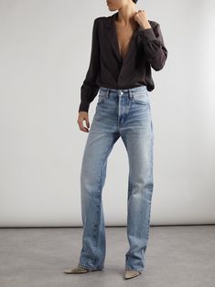 SAINT LAURENT Nico distressed mid-rise straight-leg jeans | NET-A-PORTER Office Fits, Saint Laurent Jeans, Straight Denim Jeans, Soft Life, 2024 Style, Fits Inspo, Sport Swimwear, Long Jeans, Washed Denim