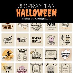 These 31 Halloween Themed Spray Tan Instagram Post Templates are specially designed to add a touch of terror, conjuring up captivating content for your Halloween spray tans this spooky szn. Get ready to transform your social media feed into a haunted haven of Halloween glam. With easy customization and scary spray tan designs, these templates will have your tanning business in the spooktacular spirit in no time. What's Included: -PDF containing a link to 31 Spray Tan Halloween Instagram Template Spray Tan Marketing Halloween, Halloween Spray Tan Quotes, Halloween Spray Tan, Halloween Business Marketing Ideas, Fall Spray Tan Quotes, Spray Tanning Quotes, Tanning Business, Tan Tips, Spray Tan Tips