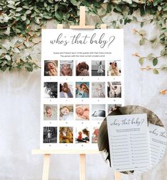 a baby announcement board with photos on it next to an easel and greenery