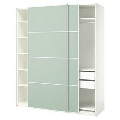 an open white closet with shelves and drawers on the bottom shelf, against a white background