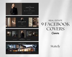 the real estate facebook cover is shown in black and white, with an image of a woman