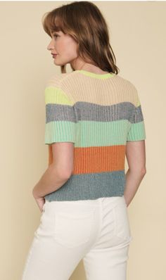 Get ready to transition from summer to fall with our Colorblock Sweater Top! This playful and light weight top features short sleeves and a unique color block design. Easily pair it with jeans for a no-fuss outfit that will take you from cool summer nights to crisp fall days! 100% cotton Green Tops With Contrast Color For Fall, Green Contrast Color Tops For Fall, Color Block Tops For Fall Layering, Spring Knit Tops With Contrast Stripes, Trendy Green Top With Contrast Color, Green Tops For Spring, Casual Knit Top With Contrast Color, Color Block Crew Neck Top For Layering, Crew Neck Color Block Top For Layering