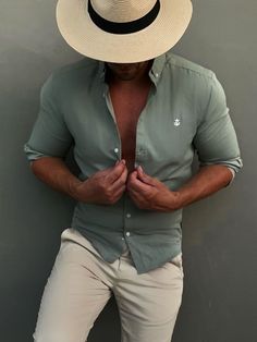 Buy Blakely Mint Green Hunter Mens Shirt | Free delivery on orders over $199 Sombrero Outfit, Collar Model, Anchor Logo, Anchor Embroidery, Mens Summer Outfits, Dubai Style, Mens Fashion Casual Outfits, Men Beach, The Hunter