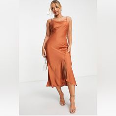 Trendyol Side Slip Midi Cowl Neck Satin Dress In The Color Cinnamon Womens Size Small Cowl Neck Satin Dress, Monique Lhuillier Lace, Cowl Neck Cami, Cowl Dress, Midi Dress Formal, Midi Slip Dress, Bridesmaid Style, Rayon Dress, Dress The Population