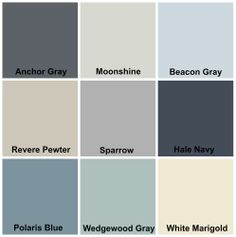 several shades of gray and white with the names of different colors in each color scheme